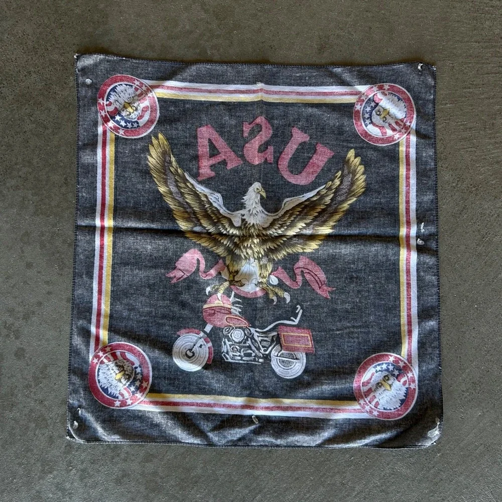Vintage USA Bandana Adult 20x21 Faded Black Cotton Eagle Shield Biker 80s